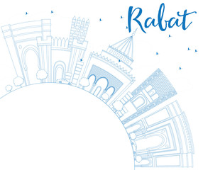 Fototapeta premium Outline Rabat Skyline with Blue Buildings and Copy Space.