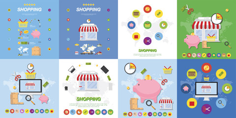 Set of elements on the subject of buying and selling. Market and icons Flat vector illustrations on the theme of shopping.