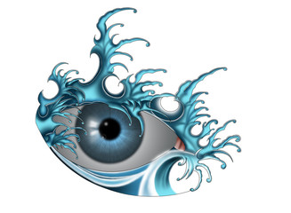 Water blue - eye covered by blue japanese waves style tattoo design