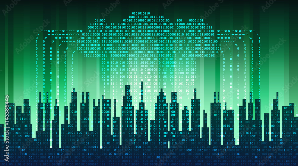 Poster binary rain in digital abstract city, the flow of data with the cloud, high-tech background