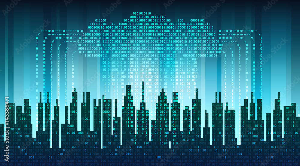 Poster binary rain in digital abstract city, the flow of data with the cloud, high-tech background