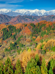 Fototapeta na wymiar 長野県小川村の雪山と三段紅葉