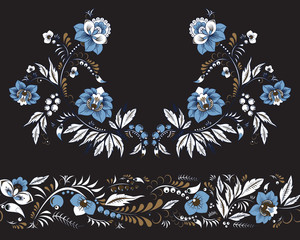 stock vector flowers and leaf ornament. oriental or russian pattern.necklace embroidery design