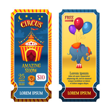 Circus Tickets. Circus tent at night. Elephant and Lion. Bright festive illustration for printing and children's holidays