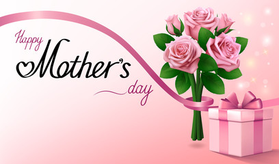 Happy Mothers Day. Gift box and bouquet of pink roses with ribbon. Light pink greeting background.
