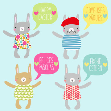 Cute hand drawn card with Easter bunnies and hand written text