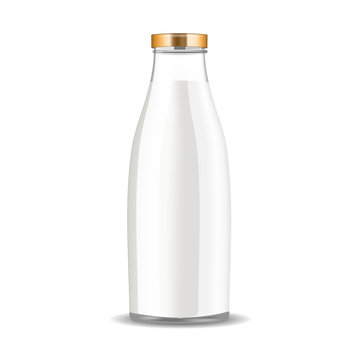 Realistic vector transparent glass milk bottle isolated.