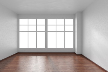 Empty room with dark parquet floor, textured white walls and big window