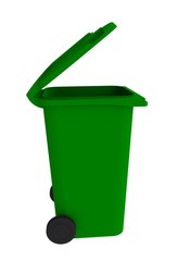 Beside view of green garbage wheelie bin with a open lid on a white background, 3D rendering