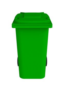 Front view of green garbage wheelie bin with a closed lid on a white background, 3D rendering