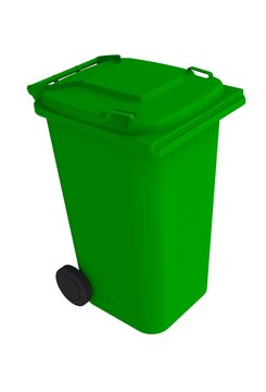 Isometric view of green garbage wheelie bin with a closed lid on a white background, 3D rendering