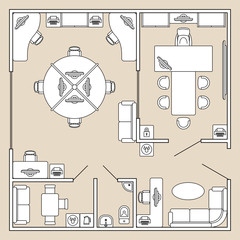 Office interior, top view architecture plan vector illustration