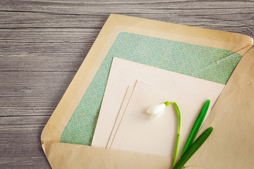 Letter into the old envelope with snowdrop flower. Spring greetings.