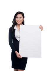 Young asian business woman showing a white board isolated on white background.