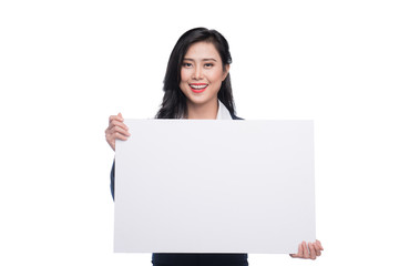 Naklejka premium Young asian business woman showing a white board isolated on white background.