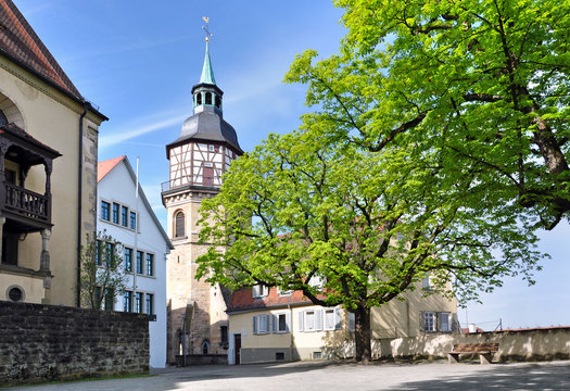 Old half-timbered tower of city gallery in Backnang, Baden-Wurttemberg, Germany.