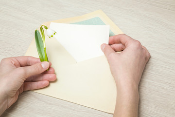 Hand holding a snowdrop flower and greeting card into the old envelope. Spring greetings.