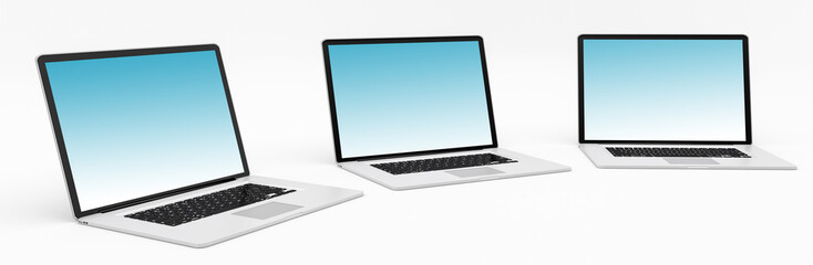 Triple modern digital silver and black laptop 3D rendering