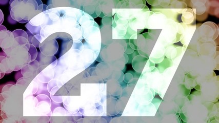 Twenty seven to twenty eight years birthday fade in/out animation with color gradient moving bokeh background. Animation: 90 frames still with number, 180 fade out, 30 clear, 180 fade in, 300 still.
