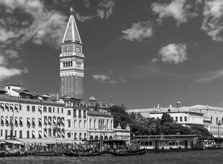 Black and white view of Canal Grande and San Marco's Campanile againts a beautiful sky, Venice, Italy