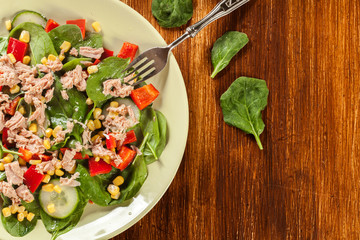 Fresh spinach salad with tuna, cucumber, corn, and red paprika o