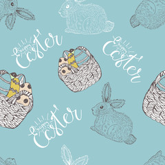 Easter seamless pattern design with bunnies and eggs.Stock vector