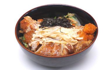 Tonkatsu donburi (Katsudon) , Deep fried pork cutlet with rice in a bowl Japanese style isolated on white background (Clipping path)