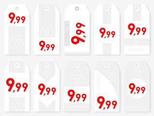Rectangle Sale Tags Set. Ten Rectangle White Labels with Red Price