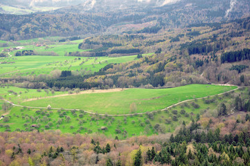 Naklejka premium Panorama mountain landscape with pine forest and field. View from Mount Hohenzollern, Baden-Wurttemberg, Germany.