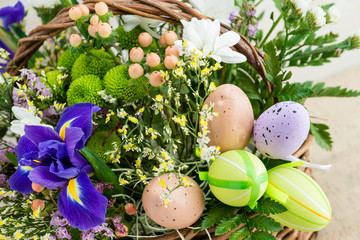 Flower composition with easter eggs, happy easter. Copyspace