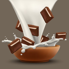 Natural organic milk pouring in clay bowl with falling chopped chocolate bars and big splash isolated vector realistic illustration. Ready for label design and advertising needs