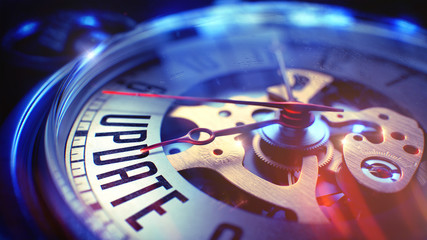 Update. on Watch Face with CloseUp View of Watch Mechanism. Time Concept. Film Effect. Pocket Watch Face with Update Text on it. Business Concept with Light Leaks Effect. 3D Render.