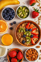 Healthy breakfast - bowl of muesli, berries and fruit