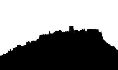 Fototapeta premium Black realistic silhouette of the ruins of a medieval castle standing on the hill isolated on white background - vector