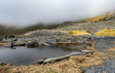 Mist and fog descends on Cwmorthin Salte Quarry in North Wales