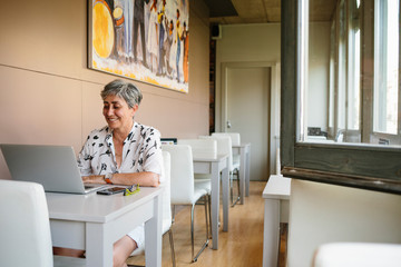 Cheerful lady with laptop