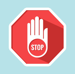 Hand icon with the word stop. Red stop octagonal sign. Vector flat illustration with long shadow