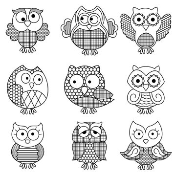 Nine amusing cartoon owl outlines