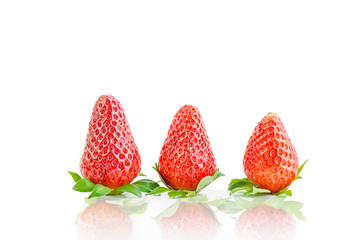 Healthy Fresh Strawberries Closeup With Reflections On Isolated White Background 