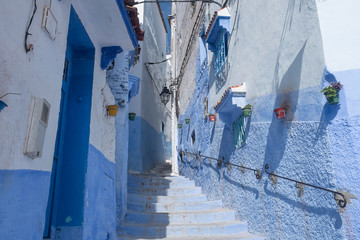 Alley with Flowerpots and Stairs in the Medina of Chefchaouen