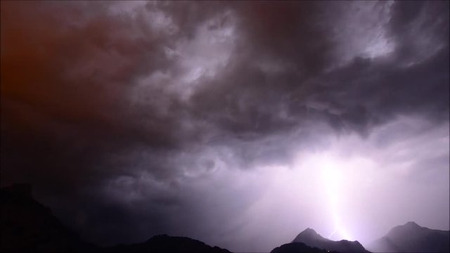Impressive thunderstorm with lightning. Night in the mountains. Time-lapse