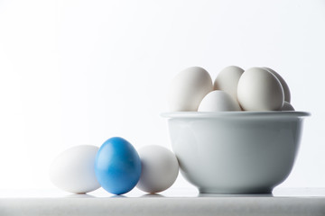 Colored eggs on the white background