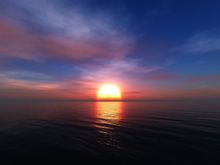 Beautiful sea sunset, ocean sunrise, light above water, 3d rendering
