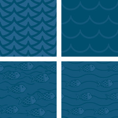 Waves and fish, blue. Four different seamless pattern vectors made with waves and fish.