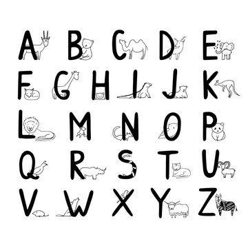Hand Drawn Animal Alphabet for Kids.