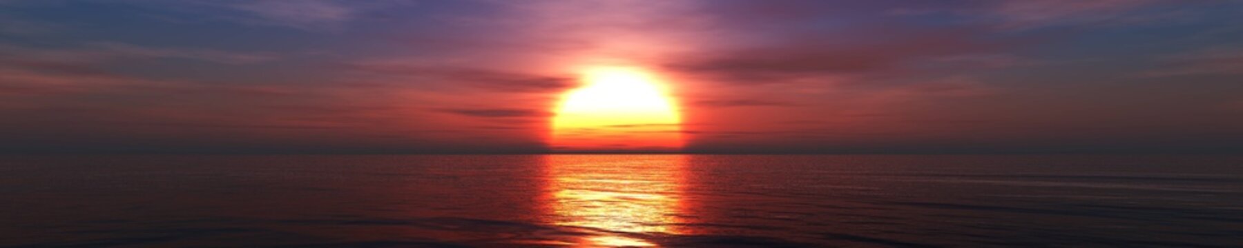 Beautiful sea sunset, ocean sunrise, light above water, 3d rendering
