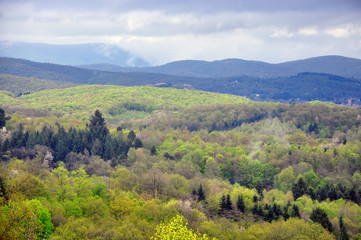 Aerial vew of Vosges mountains in France in the spring in cloudy weather.