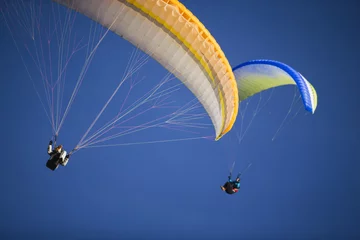 Photo sur Plexiglas Sports aériens Deux parapentes survolant les montagnes.
