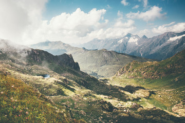 Fototapeta premium Mountains and clouds Landscape Travel aerial view idyllic scenery wild nature calm summer atmospheric scene