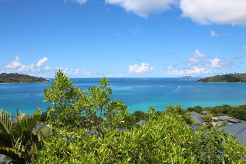 Fototapeta na wymiar Anse Takamaka, Praslin Island, Seychelles, Indian Ocean, Africa / View to Curieuse Island. 